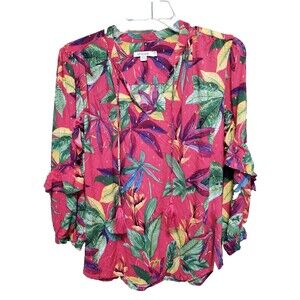 Chico's Rayon Floral Clip Dot Ruffle Blouse Size 0.5 (6) Pink Tropical Tasseled